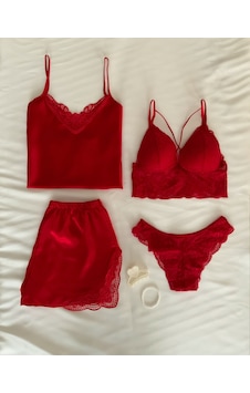 Mh Moony Homewears 4'lü Saten Firuze Çeyiz Seti Kırmızı Mh Moony Homewears 4'lü Saten Firuze Çeyiz Seti Kırmızı
