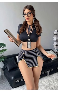 Emvera Kadın Şık Tasarım Siyah Çizgili Yırtmaçlı Mini Etekli Hostes Kostümü Takımı Emvera Kadın Şık Tasarım Siyah Çizgili Yırtmaçlı Mini Etekli Hostes Kostümü Takımı