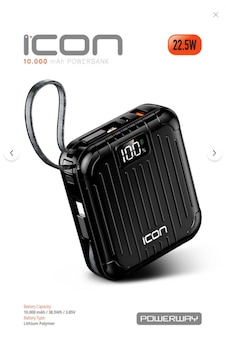 İcon 10.000 Mah Pd 22.5 W Hızlı Şarj Gerçek 10.000 Mah li Led Fener Dijital Icon Powerbank Siyah