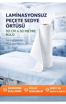 Laminasyonsuz Peçete Sedye Örtüsü 50 Cm X 50 Metre Rulo Tek Kullanımlık Muayene Masası Örtüsü 1 Adet Beyaz Laminasyonsuz Peçete Sedye Örtüsü 50 Cm X 50 Metre Rulo Tek Kullanımlık Muayene Masası Örtüsü 1 Adet Beyaz