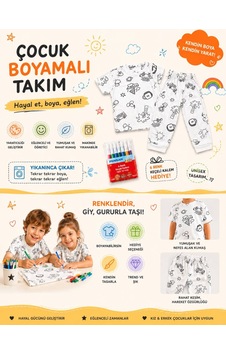 Pijamask Çocuk Desenli Boyamalı Pijama Takımı Beyaz