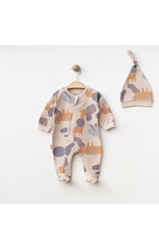 Bellamio Kids Soyut Desenli Erkek Bebek Önden Fermuarlı Şapkalı Tulum Bej Bellamio Kids Soyut Desenli Erkek Bebek Önden Fermuarlı Şapkalı Tulum Bej
