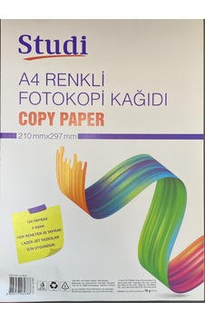 Studi A4 Renkli Fotokopi Kağıdı 100 Yaprak 5 Renk 70gr Lazer Jet Yazıcı Uyumlu Copy Paper 210x297mm