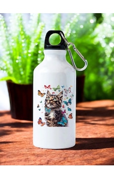 Kelebeklere Bakan Kedi Baskılı Matara Suluk Beyaz Kelebeklere Bakan Kedi Baskılı Matara Suluk Beyaz