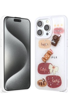 Apple Uyumlu iPhone 15 Pro Max Kılıf Parlayan Simli Kabartma Figürlü Zore Cevze Kapak Beyaz