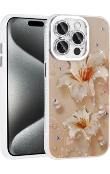 Apple Uyumlu iPhone 15 Pro Kılıf Çiçek Desenli Parlak Taşlı Sert Silikon Zore Garden Kapak Apple Uyumlu iPhone 15 Pro Kılıf Çiçek Desenli Parlak Taşlı Sert Silikon Zore Garden Kapak