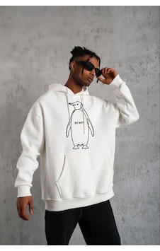 Tarzyeri Erkek Nihilist Penguen Özel Tasarım Oversize Kapüşonlu Sweatshirt Beyaz