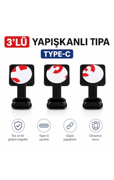 Type-c Uyumlu Şarj Girişi Toz Önleyici Tapa Yapışkanlı Siyah Premium Koruma 3 Adet