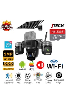 O-kam 5210 3mp+3mp+3mp 9mp Wi-fi Solar Panelli 3 Lens Alert 1 Ptz Akıllı Kamera + 128gb Sd Kart