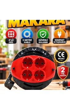 3 Metre 4 Lü Kablolu Priz Makara Kırmızı Ce Belgeli Diğer