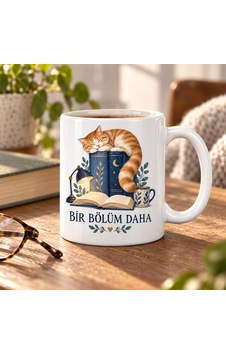Vaveni Bir Bölüm Daha Kitap Ve Uyuyan Kedi Tasarımlı Porselen Kupa - Model 259 Arz Diğer Vaveni Bir Bölüm Daha Kitap Ve Uyuyan Kedi Tasarımlı Porselen Kupa - Model 259 Arz Diğer