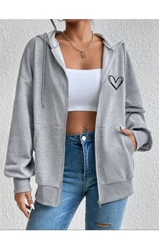 Pink Sky Gri Baskılı Oversize Kapüşonlu Fermuarlı Cep Detaylı Ceket Gri