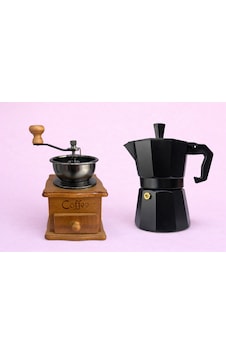 Kahve Değirmenive Moka Pot 9 Luk 2 Li Set Siyah