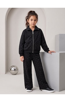 Zekids Kız Çocuk Siyah Taşlı Fermuarlı Geniş Paça Eşofman Takımı-17432 Zekids Kız Çocuk Siyah Taşlı Fermuarlı Geniş Paça Eşofman Takımı-17432