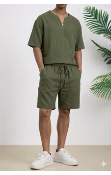 Erkek Oversize Şort Takım V Yaka Yırtmaçlı Tişört Rahat Kesim Yazlık Takım Haki Haki Erkek Oversize Şort Takım V Yaka Yırtmaçlı Tişört Rahat Kesim Yazlık Takım Haki Haki