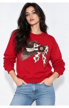 Mevese Kadın Taş İşlemeli Fiyonk Baskı Oversize Üç İplik Rahat Kesim Sweatshirt - Kırmızı Mevese Kadın Taş İşlemeli Fiyonk Baskı Oversize Üç İplik Rahat Kesim Sweatshirt - Kırmızı
