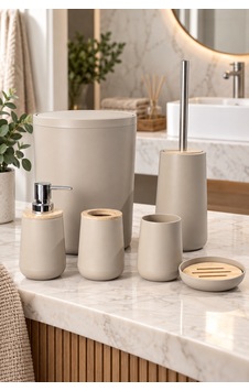 Eva 6 Parça Bambu Detaylı Banyo Seti Bej Eva 6 Parça Bambu Detaylı Banyo Seti Bej