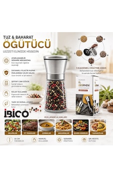 Seramik Öğütücülü 5 Kademe Ayarlı Tuz Ve Karabiber El Değirmeni - 180 Ml Şeffaf Cam Hazne 13 Cm Çok Renkli