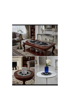 Siyah Elora Model 5 Parça Velvet Kadife Dantelli Runner Masa Örtüsü Seti Salon Takımı