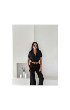 Wellway İthal Keten Kumaş İplik Detaylı Crop Gömlek & Pantolon İkili Takım -siyah Siyah Wellway İthal Keten Kumaş İplik Detaylı Crop Gömlek & Pantolon İkili Takım -siyah Siyah