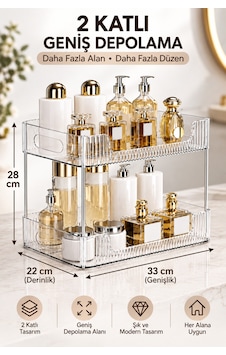 Lumera 2 Katlı Şeffaf Çok Amaçlı Organizer Makyaj, Parfüm, Banyo Ve Mutfak Düzenleyici Raf 33 22 28 Cm. Şeffaf
