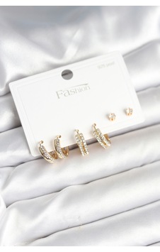 Tua Moda Pirinç Gold Renk Zirkon Taşlı 925 Gümüş Çivili Kadın Küpe Seti Altın