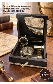 2 Adet Ahşap Kutulu Pirinç İşlemeli Pusula Dekoratif Masaüstü Aksesuarı, Vintage Tasarım, Compass, Model 3005b 12x6 Cm
