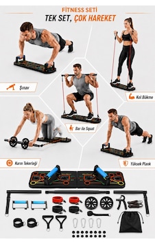 Çok Fonksiyonlu Katlanabilir Şınav Tahtası Egzersiz Seti - Direnç Bandı, Karın Tekerleği Ab Wheel, Pilates Barı, El Yayı