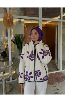 Trend Paris Gül Desenli Polar Hırka / Fermuarlı Ceket Mor Standart