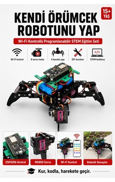 Arduino Örümcek Robot Kiti Wifi Kontrollü 8 Servo Motorlu Programlanabilir Stem Robotik Kodlama Seti - 867322301