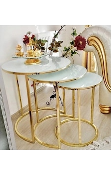 Üçlü Beyaz Cam Gold Ayak Zigon Sehpa