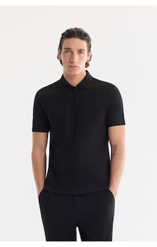 Avva Erkek Siyah Kıvrılmaz Polo Yaka Fermuarlı %100 Pamuk Regular Fit T-shirt A61y1038