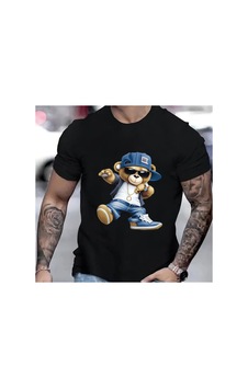 Caddemia Yaz Moda Rahat Spor Gevşek Büyük Karikatür Serin Ayı Desen Baskılı Yuvarlak Siyah 2XL Caddemia Yaz Moda Rahat Spor Gevşek Büyük Karikatür Serin Ayı Desen Baskılı Yuvarlak Siyah 2XL