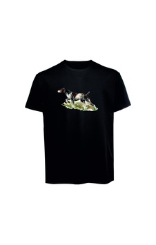 Baranışık Unisex Av Köpeği Baskılı Tişört Pamuk Penye Süprem Basic Siyah