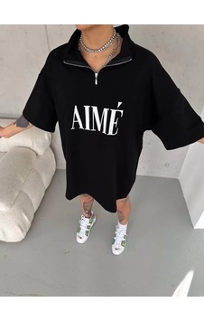 Amorluxe Unisex Yarım Fermuarlı Baskılı T-shirt - Siyah Amorluxe Unisex Yarım Fermuarlı Baskılı T-shirt - Siyah