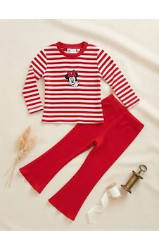 Ponki Minnie Mouse Baskılı Kırmızı Çizgili Fitilli İspanyol Paça Kız Çocuk Takım Ponki Minnie Mouse Baskılı Kırmızı Çizgili Fitilli İspanyol Paça Kız Çocuk Takım