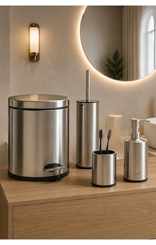 Porsima Metal Krom Kaplama 4 Parça Banyo Seti - Çöp Kovası, Sıvı Sabunluk, Diş Fırçalığı Ve Wc Fırçası Gri - Krom