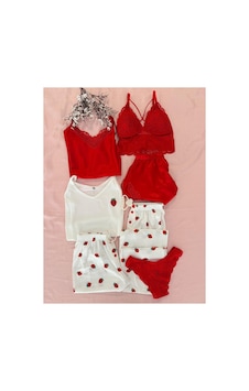 Mh Moony Homewears Kutulu 7'li Çilek Saten Pijama İç Giyim Çeyiz Seti Kırmızı Mh Moony Homewears Kutulu 7'li Çilek Saten Pijama İç Giyim Çeyiz Seti Kırmızı