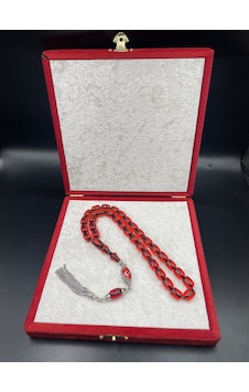 925 Ayar Gümüş Püsküllü Ateş Kehribar Tespih 11x8 Mm