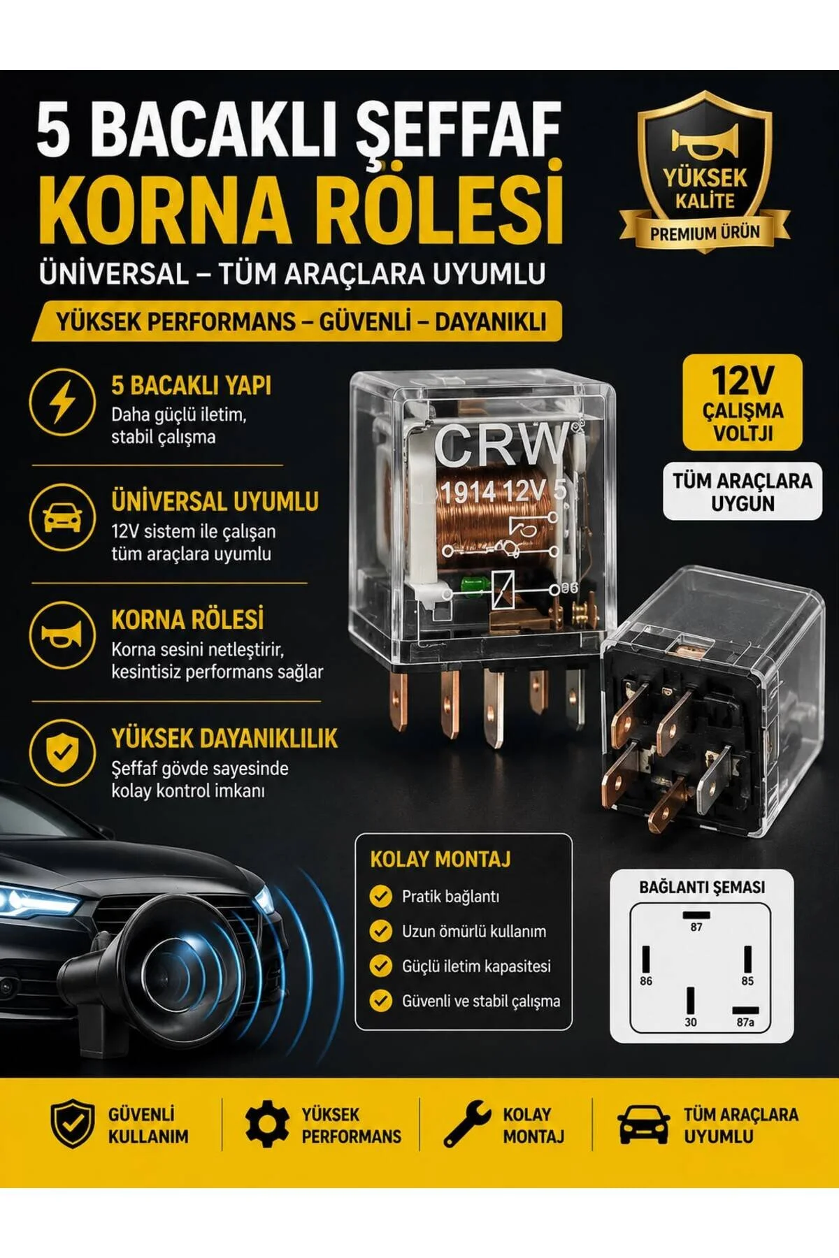 Oto Araç Röle 5 Bacaklı Şeffaf Korna Rölesi Üniversal