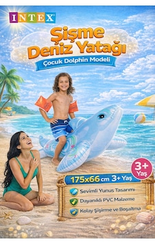 Intex 58535 Şişme Deniz Yatağı Çocuk Dolphin Model 175x66 Cm 3+ Yaş Su Oyuncağı Açık Mavi