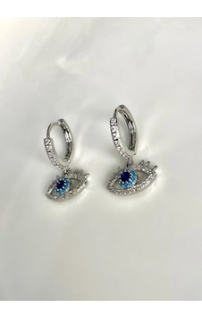 Justgaf Gümüş / Silver Renk Zirkon Taşlı Nazar Göz Detaylı Sallantılı Küpe Gümüş
