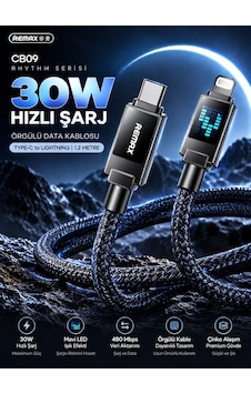 Remax Cb09-cl Rhythm Serisi 30w Type-c To Lightning Mavi Led Işıklı Örgülü Hızlı Şarj Ve Data Kablosu 1.2 Metre Remax Cb09-cl Rhythm Serisi 30w Type-c To Lightning Mavi Led Işıklı Örgülü Hızlı Şarj Ve Data Kablosu 1.2 Metre