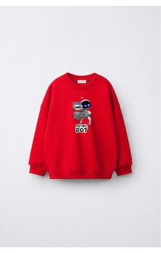 Fasardi Astro Bot Baskılı Oversize 3 İplik Şardonsuz Uzun Kollu Unisex Çocuk Sweatshirt Kırmızı