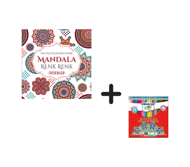 Mandala Renk Renk Desenler Ve Pensan Kidz 24'lü Kuru Boya Kalem Seti