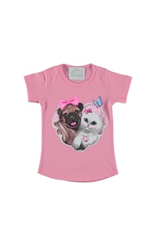 Liay Moda Köpek Kedi Baskılı Kız Çocuk Tişört Pembe
