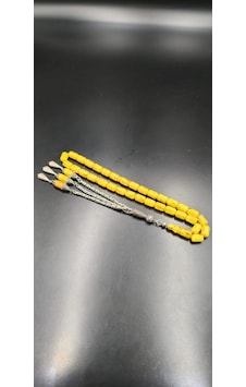 Sıkma Kehribar Tespih 8x12,5 Mm 925 Ayar Gümüş Püsküllü Koyu Sarı