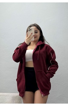 Belendir Kadın 3 İplik Oversize Biyeli Sweat Bordo Beyaz - Bordo