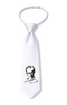 Herşey Nota Çocuk Beyaz Atatürk İmzalı Lastikli Kravat Ayarlanabilir Unisex Açık Gri