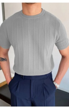 Erkek Slim Dar Bisiklet Yaka Düz Triko T-shirt Gri Erkek Slim Dar Bisiklet Yaka Düz Triko T-shirt Gri